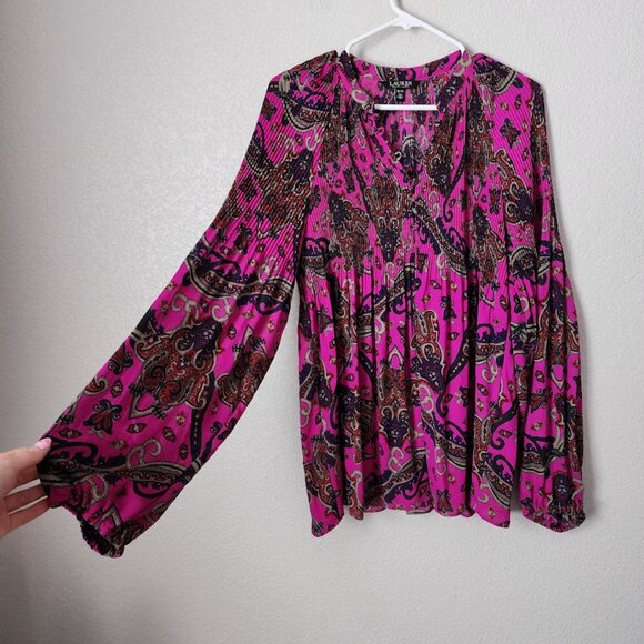 RALPH LAUREN Georgette Paisley Pleated blouse in purple XL - Picture 7 of 12